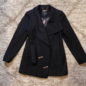 Ted Baker Black Wool Wrap Coat Floral Lined